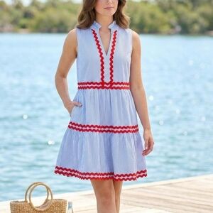 entro Blue and White Striped Mini Dress with Red Trim